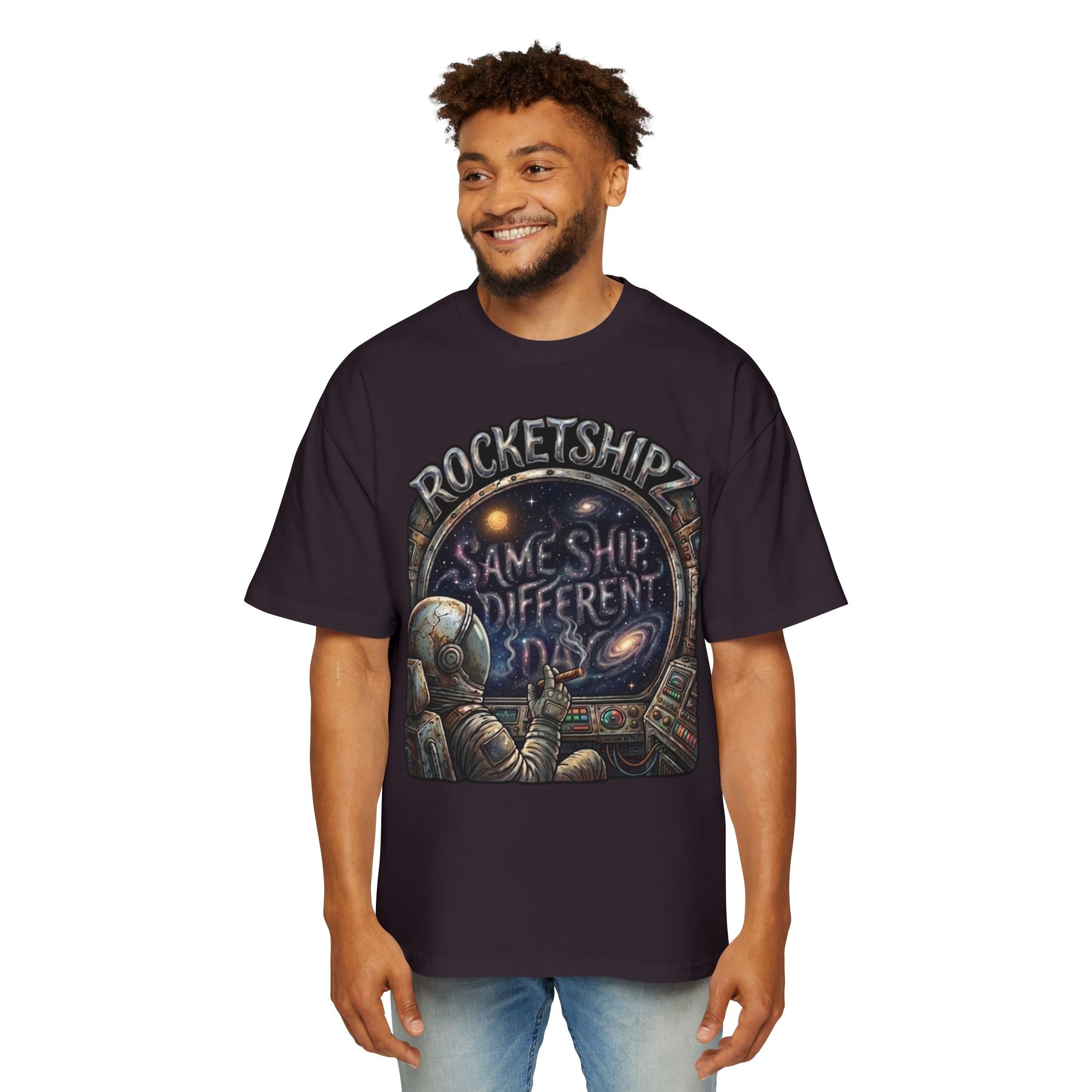 "Same Ship, Different Day" Rocketshipz Astronaut Graphic Tee — Men’s Oversized T-Shirt