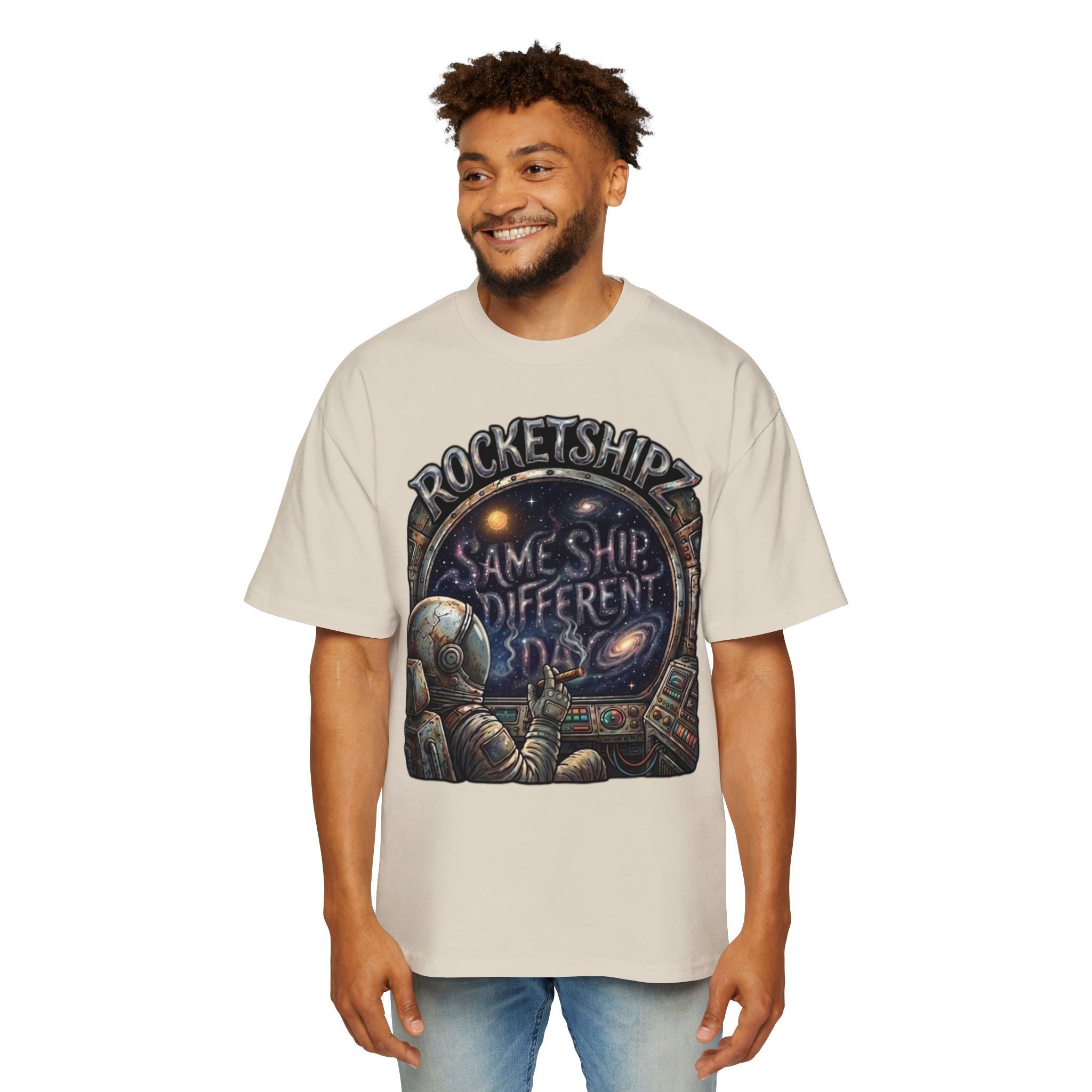 "Same Ship, Different Day" Rocketshipz Astronaut Graphic Tee — Men’s Oversized T-Shirt
