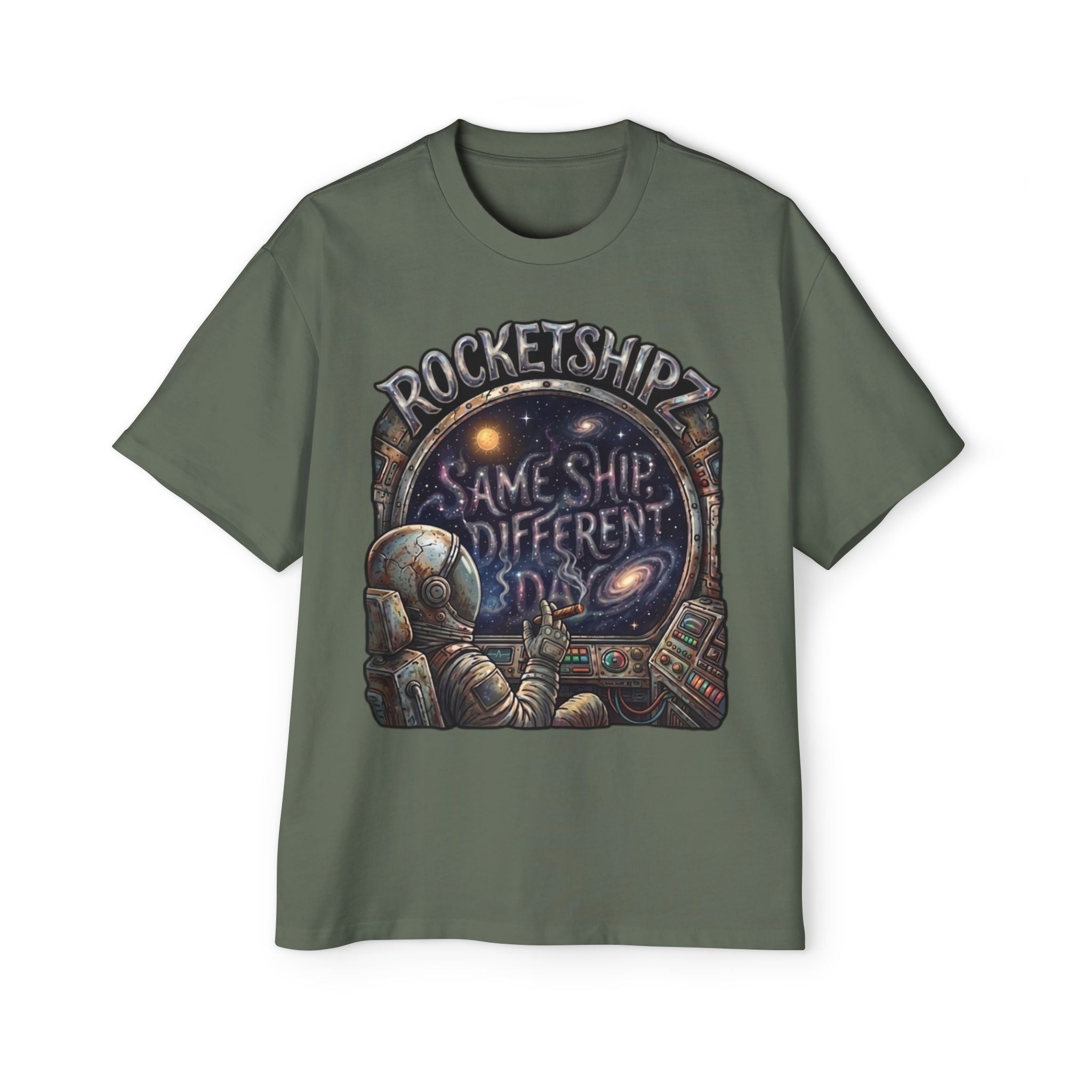 "Same Ship, Different Day" Rocketshipz Astronaut Graphic Tee — Men’s Oversized T-Shirt