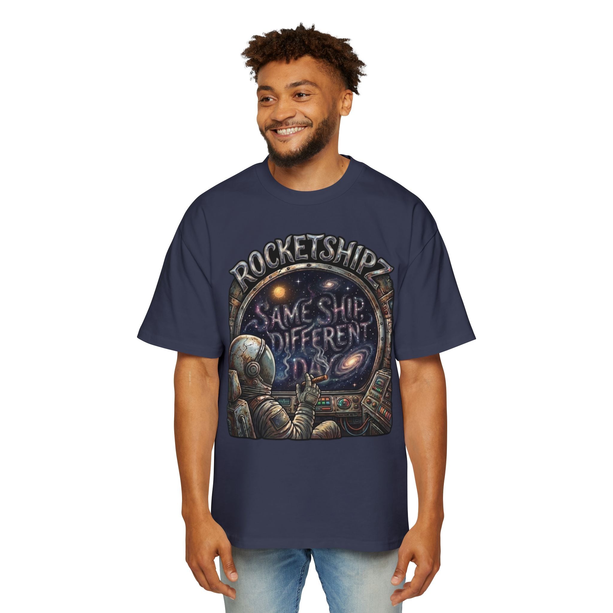 "Same Ship, Different Day" Rocketshipz Astronaut Graphic Tee — Men’s Oversized T-Shirt