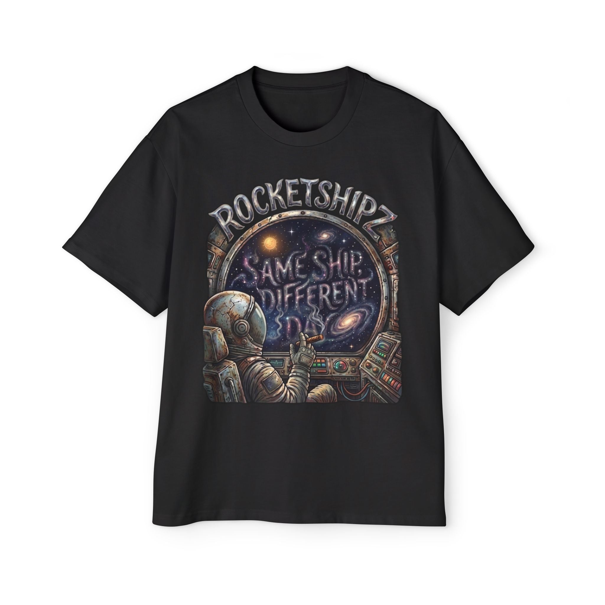 "Same Ship, Different Day" Rocketshipz Astronaut Graphic Tee — Men’s Oversized T-Shirt
