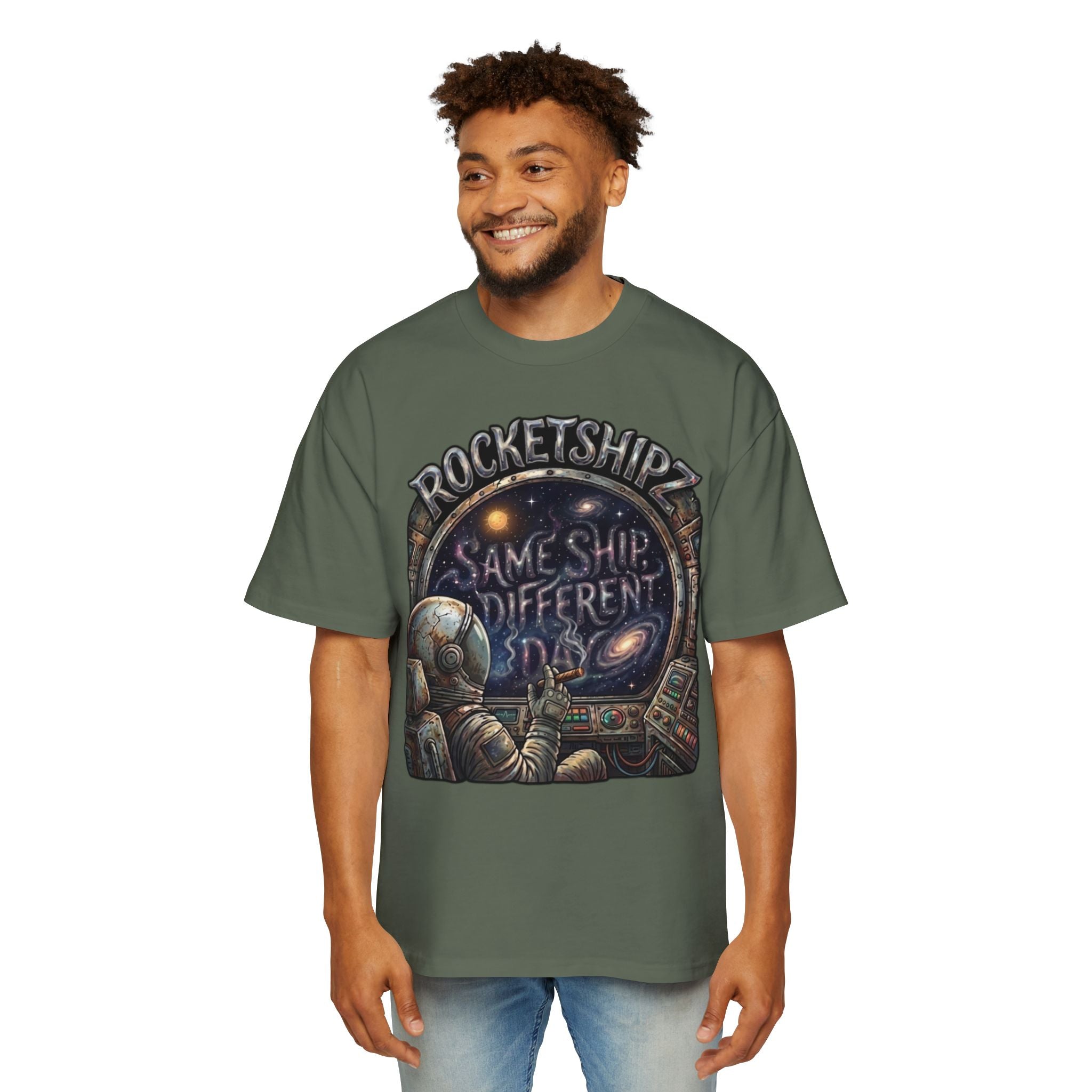 "Same Ship, Different Day" Rocketshipz Astronaut Graphic Tee — Men’s Oversized T-Shirt